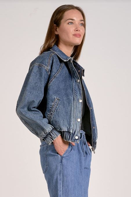 CUFF WAIST BAND JACKET IN DENIM BLUE SIDE VIEW