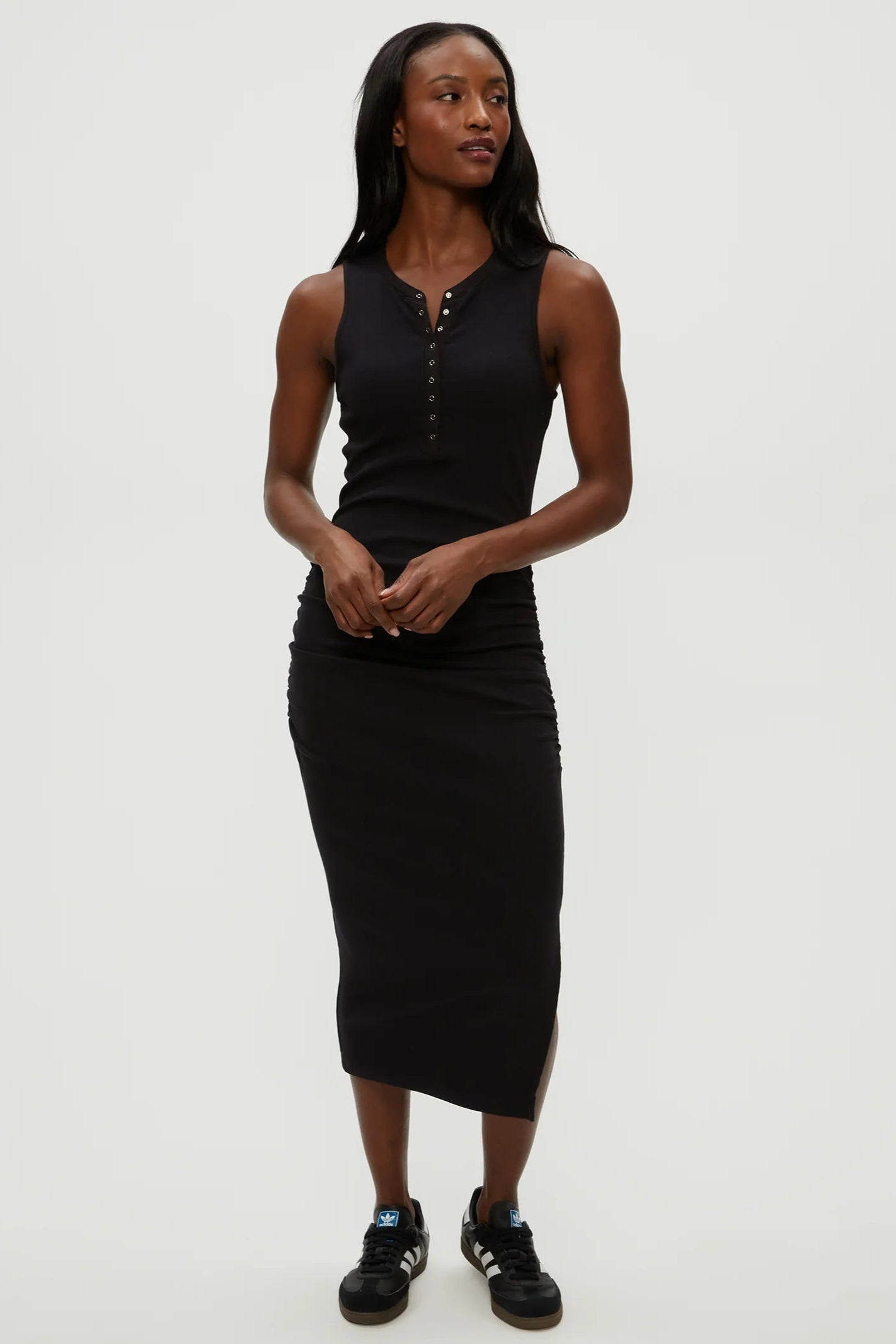 SAMIRA TANK HENLEY MIDI DRESS IN BLACK FRONT VIEW