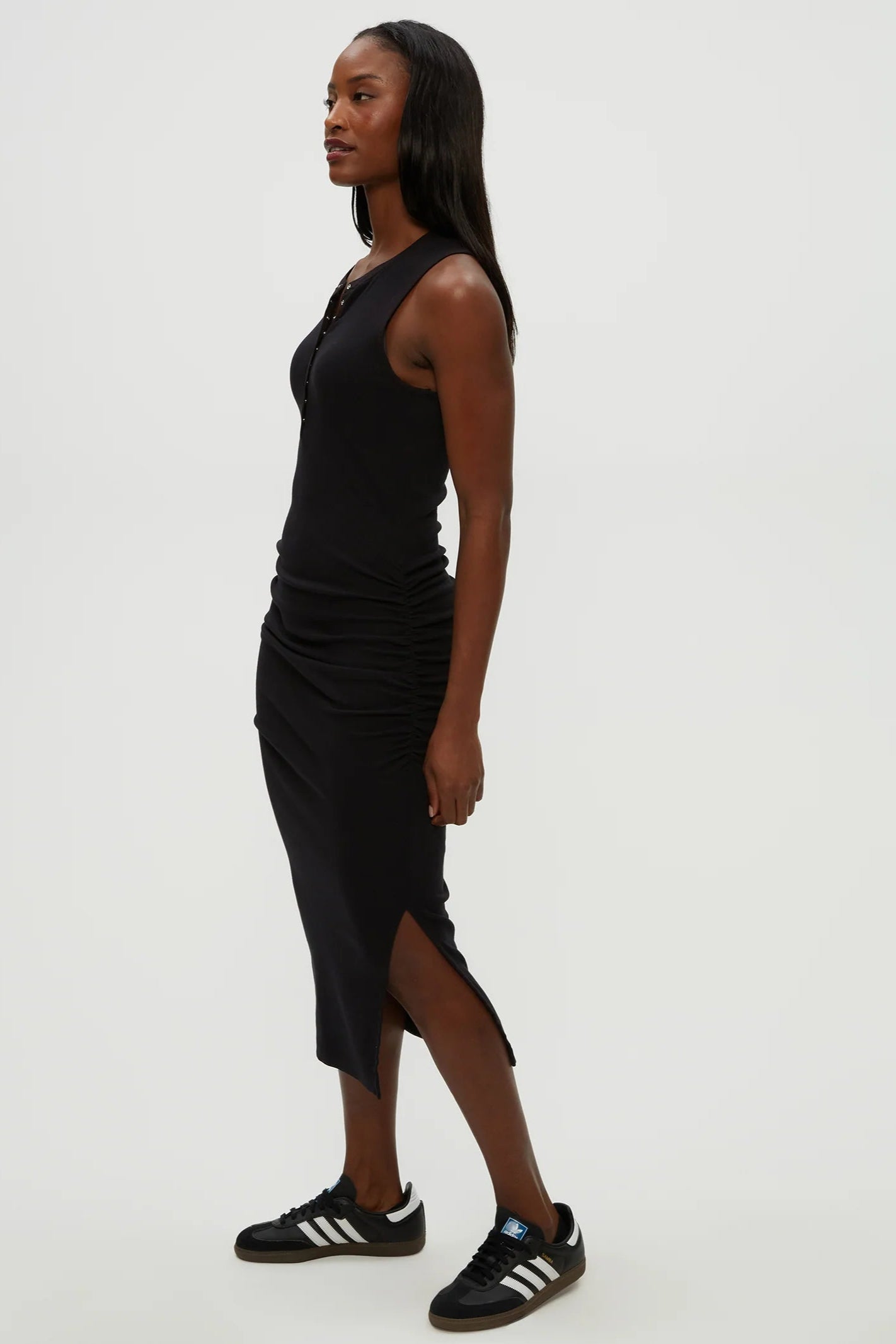 SAMIRA TANK HENLEY MIDI DRESS IN BLACK SIDE VIEW