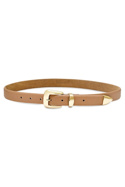 SILVERLAKE BELT IN LATTE AND GOLD FRONT VIEW