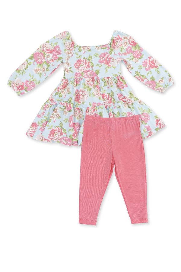 A toddler girl's two-piece outfit set featuring a long-sleeve ruffled peplum top with a pink and green Angeline floral print on a light blue background, paired with solid pink leggings.