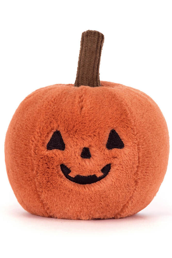 A small plush pumpkin toy with a textured orange body, embroidered black jack-o'-lantern face, and a brown stem, photographed on a clean white background.