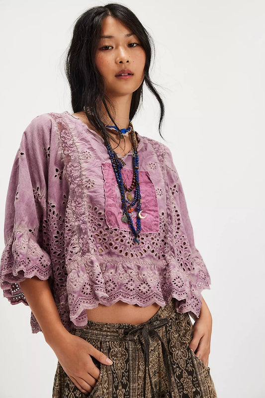 EYELET ROSEMARY BLOUSE IN PURPLE BOBA FRONT VIEW