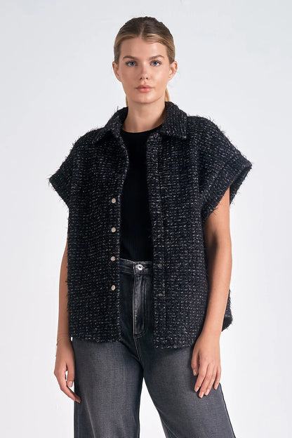 BUTTON DOWN VEST IN BLACK SILVER FRONT VIEW