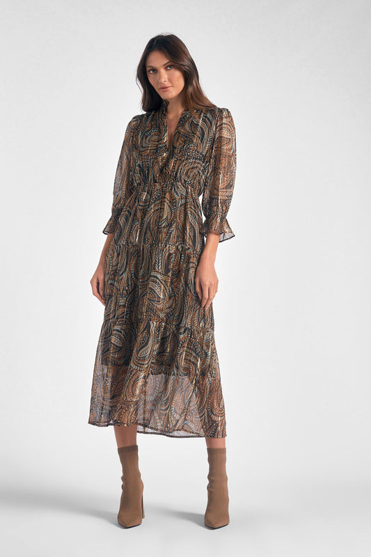 MIDI 3/4 SLEEVE NECK DRESS IN BROWN PAISLEY FRONT VIEW
