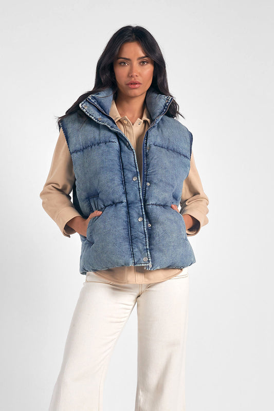 PUFFY ZIP UP VEST IN DENIM WASH FRONT VIEW