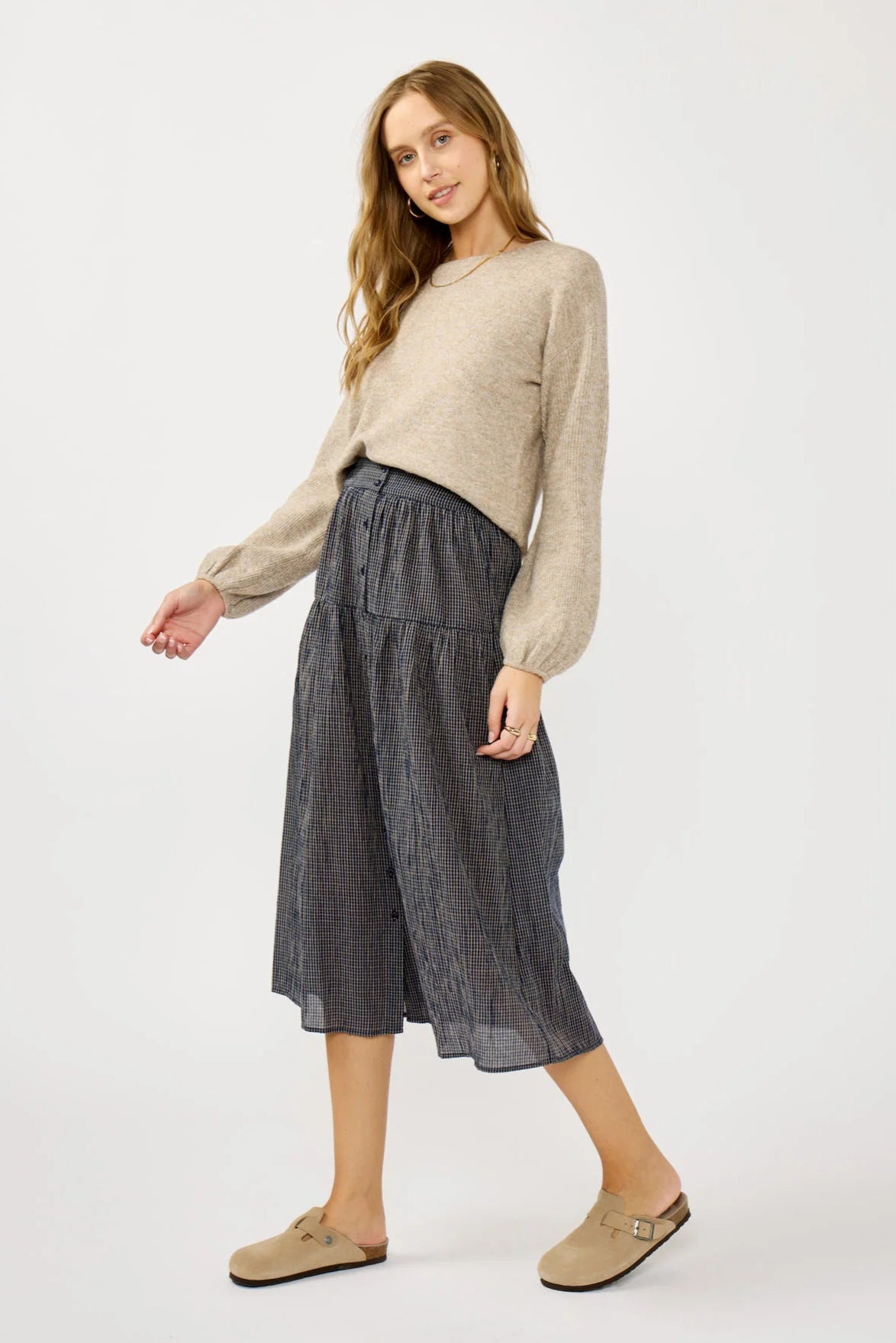 BUTTON DOWN CHECKERED SKIRT SMOCK WAIST FRONT VIEW