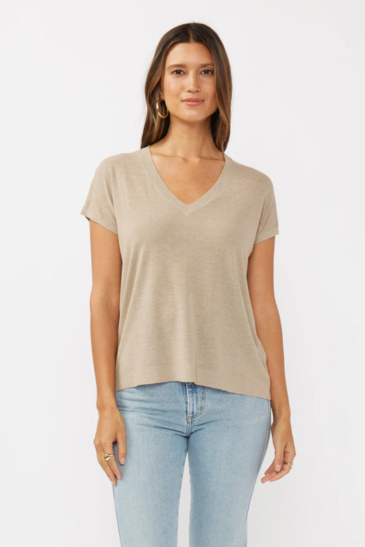 LINEN VISCOSE V-NECK TOP IN TAUPE FRONT VIEW
