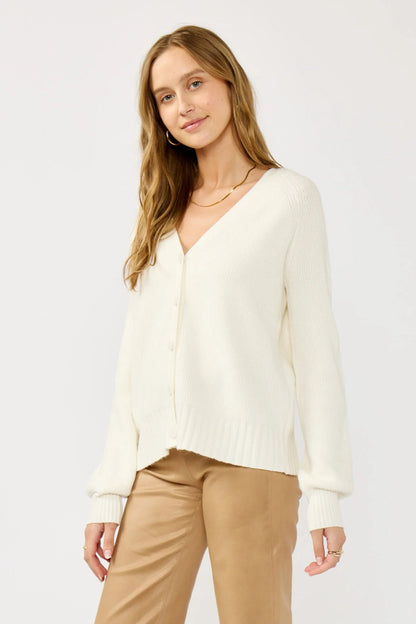 V-NECK BUTTON FRONT CARDIGAN IN WHITE FRONT VIEW