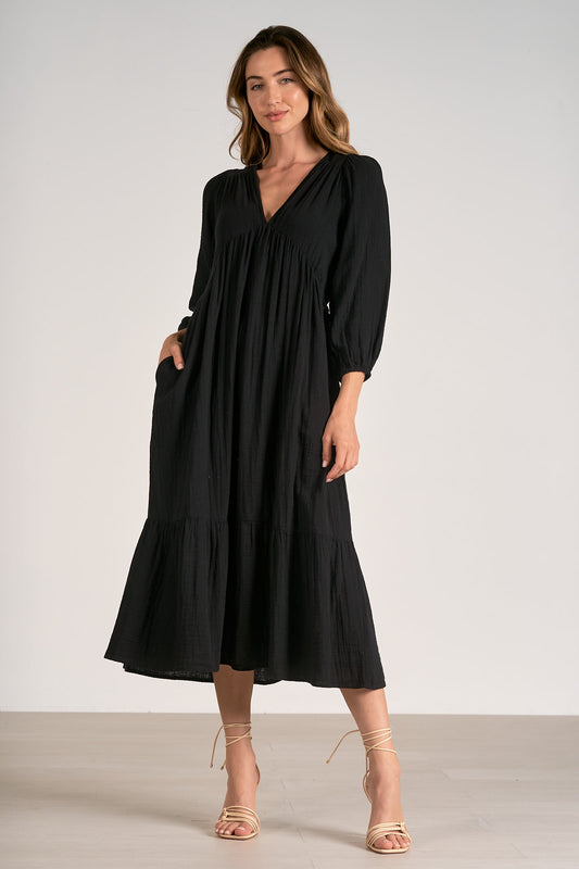 LONG SLEEVE V-NECK MAXI IN BLACK FRONT VIEW