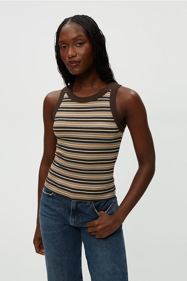 GINA WIDE BINDING CROP TANK IN NEUTRAL STRIPE FRONT VIEW