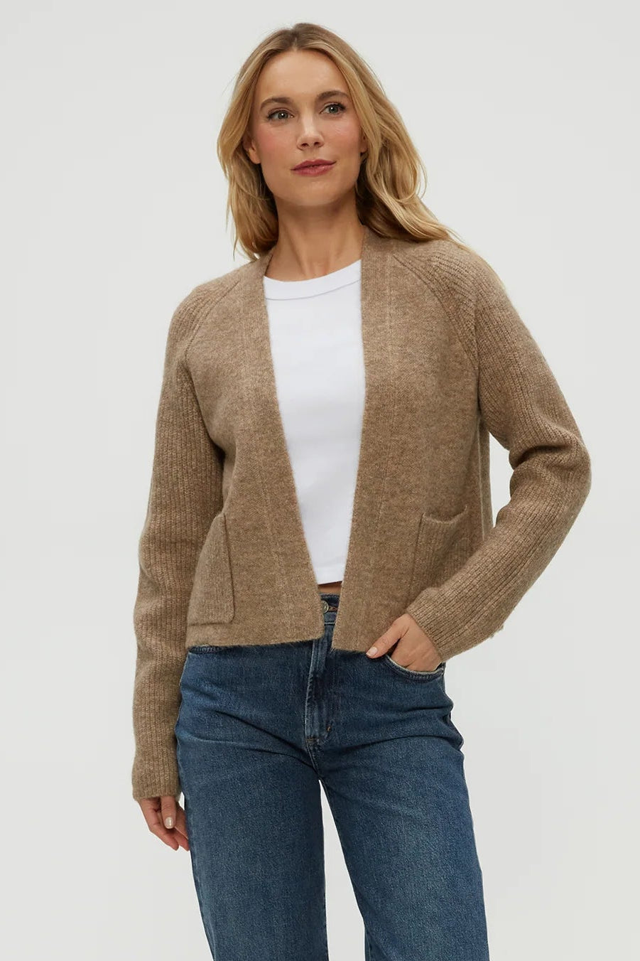 DREA OPEN CARDIGAN IN DARK OATMEAL FRONT VIEW
