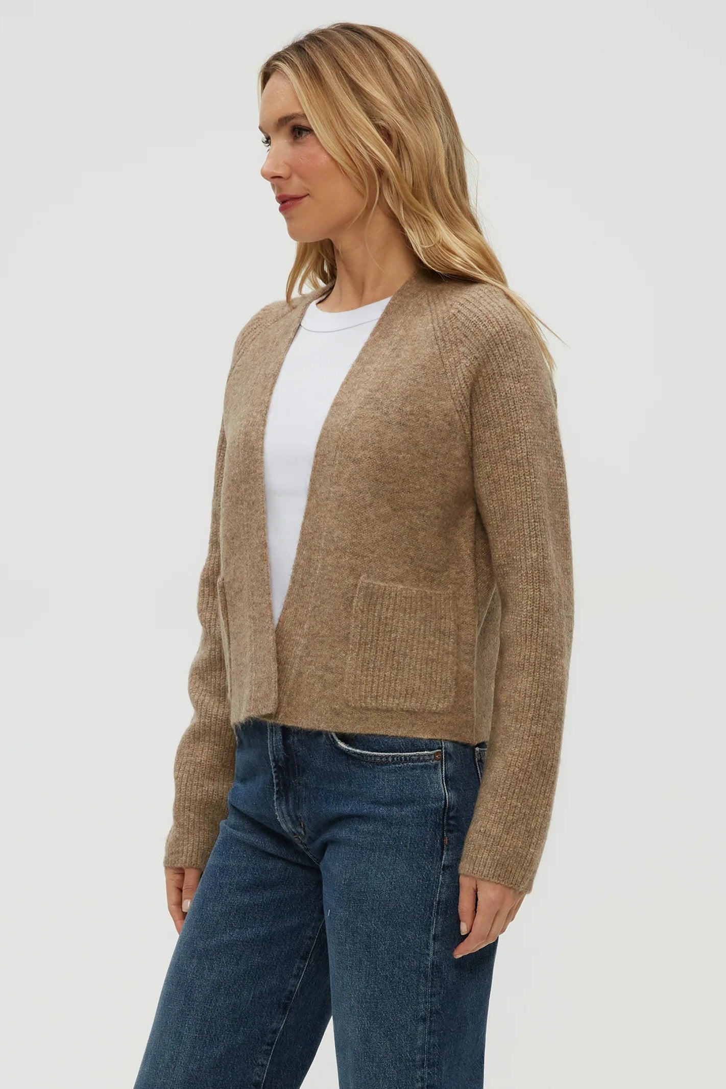 DREA OPEN CARDIGAN IN DARK OATMEAL SIDE VIEW