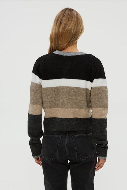 FIONA STRIPE CREW NECK CARDIGAN IN NEUTRAL STRIPE BACK VIEW
