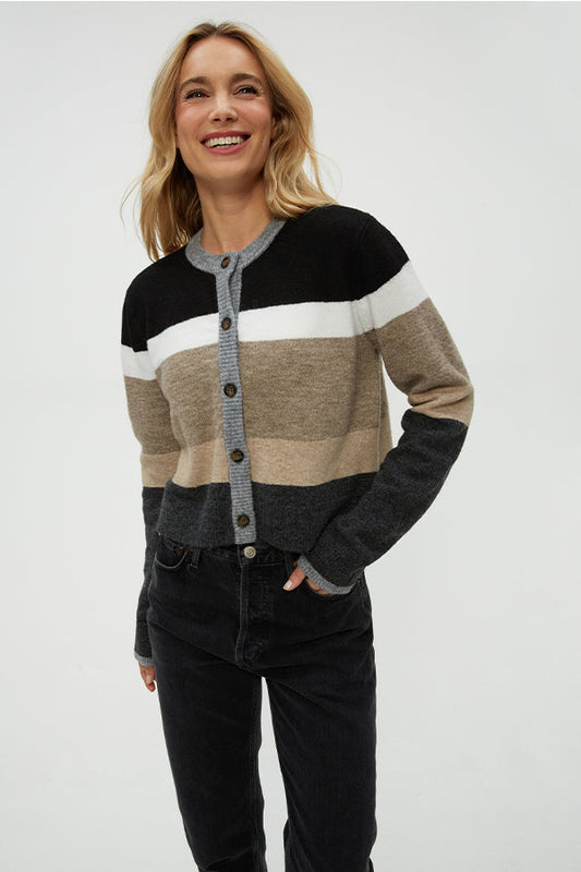 FIONA STRIPE CREW NECK CARDIGAN IN NEUTRAL STRIPE FRONT VIEW