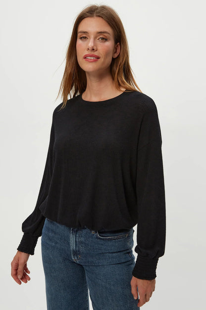 TIA RIBBED CREWNECK SWEATSHIRT IN BLACK FRONT VIEW