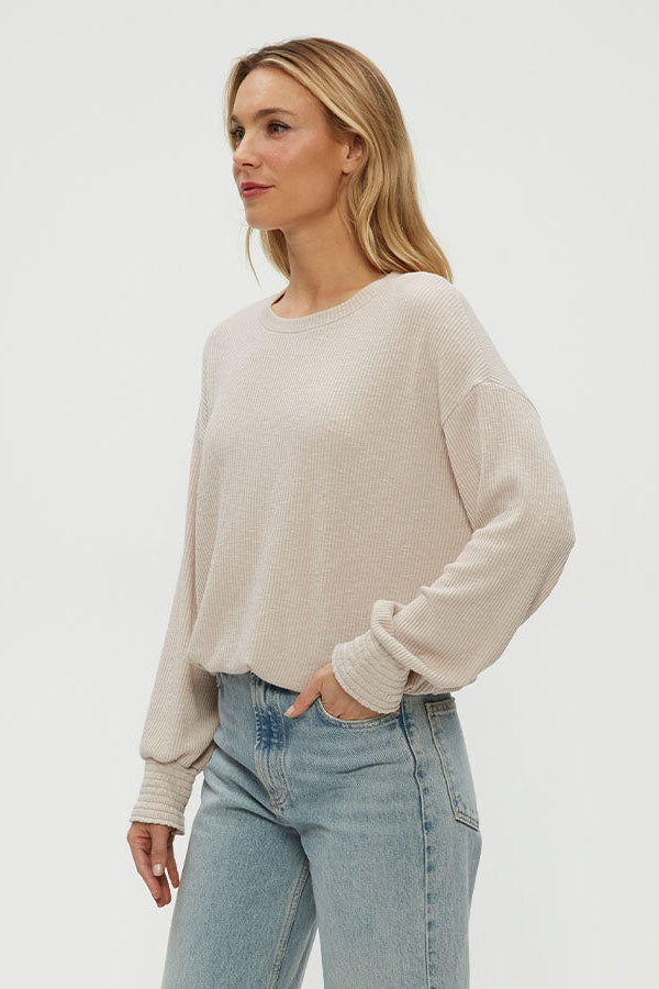 TIA RIBBED CREWNECK SWEATSHIRT IN CEMENT SIDE VIEW