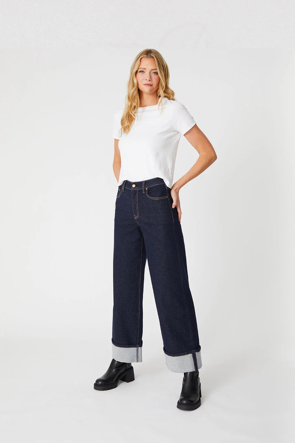 TRIBECCA WIDE CUFF JEAN IN STAY BLUE FRONT VIEW