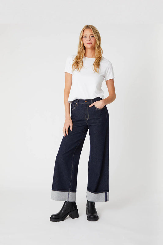TRIBECCA WIDE CUFF JEAN IN STAY BLUE FRONT VIEW