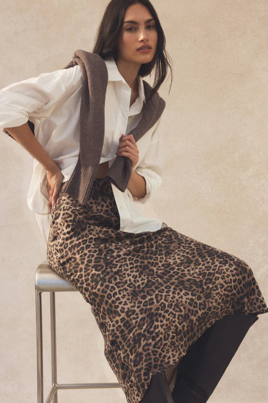 IZABEL LEOPARD SKIRT IN DESERT TAN FRONT VIEW