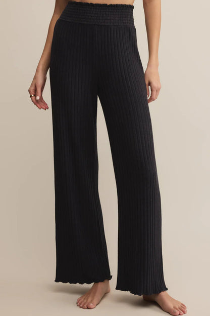 DAWN SMOCKED RIB PANT IN BLACK SAND FRONT VIEW