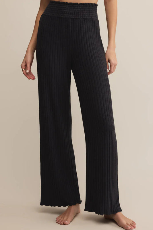 DAWN SMOCKED RIB PANT IN BLACK SAND FRONT VIEW