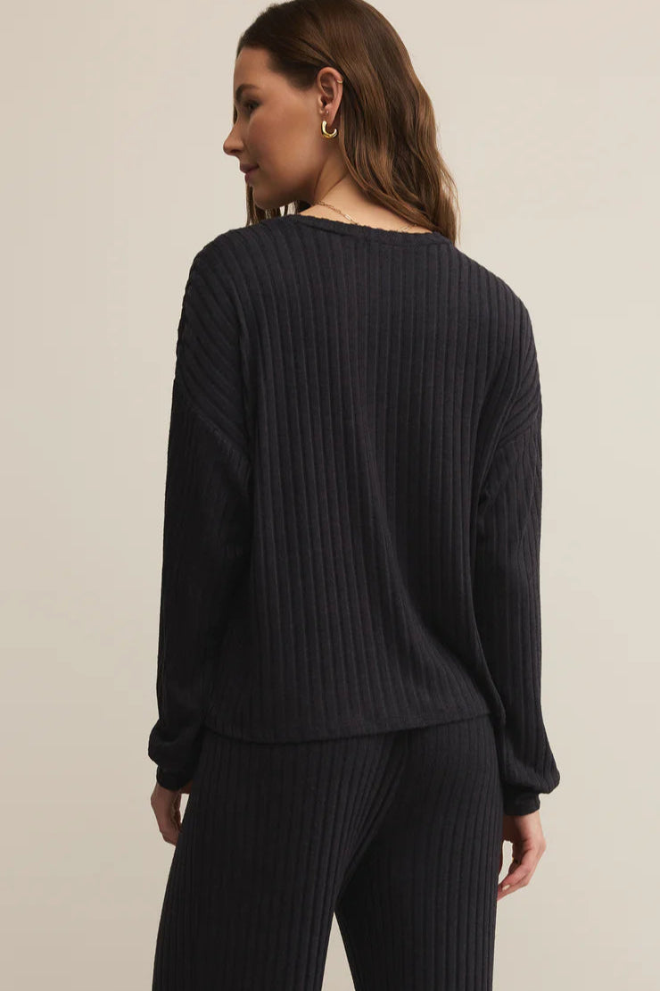 DAYDREAM RIB LONG SLEEVE TOP IN BLACK SAND BACK VIEW
