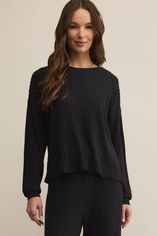 DAYDREAM RIB LONG SLEEVE TOP IN BLACK SAND FRONT VIEW