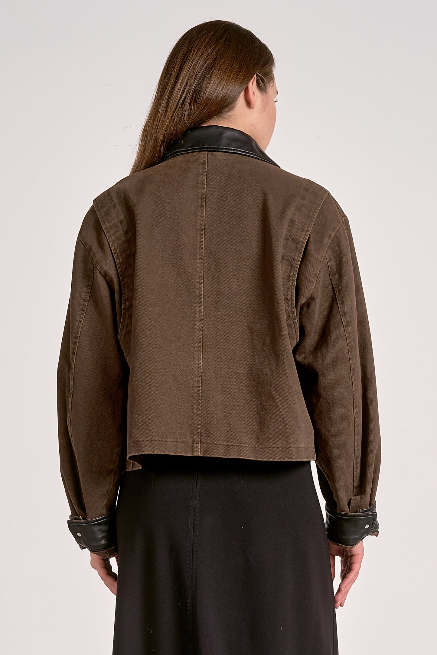 JACKET w/ LEATHER TRIM IN COCOA BACK VIEW