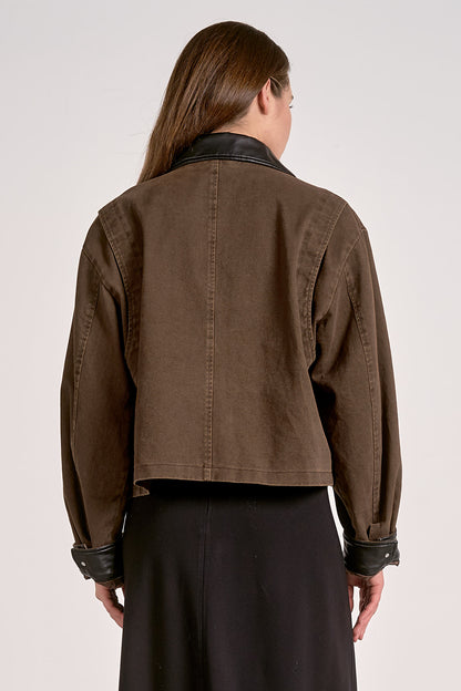 JACKET w/ LEATHER TRIM IN COCOA BACK VIEW