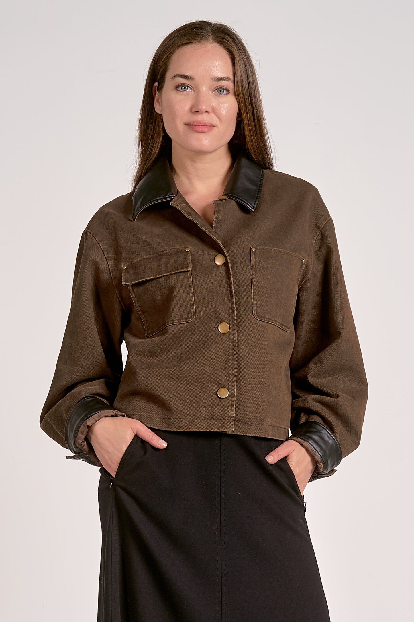 JACKET w/ LEATHER TRIM IN COCOA FRONT VIEW