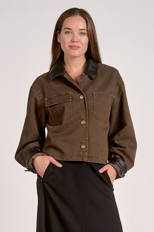 JACKET w/ LEATHER TRIM IN COCOA FRONT VIEW