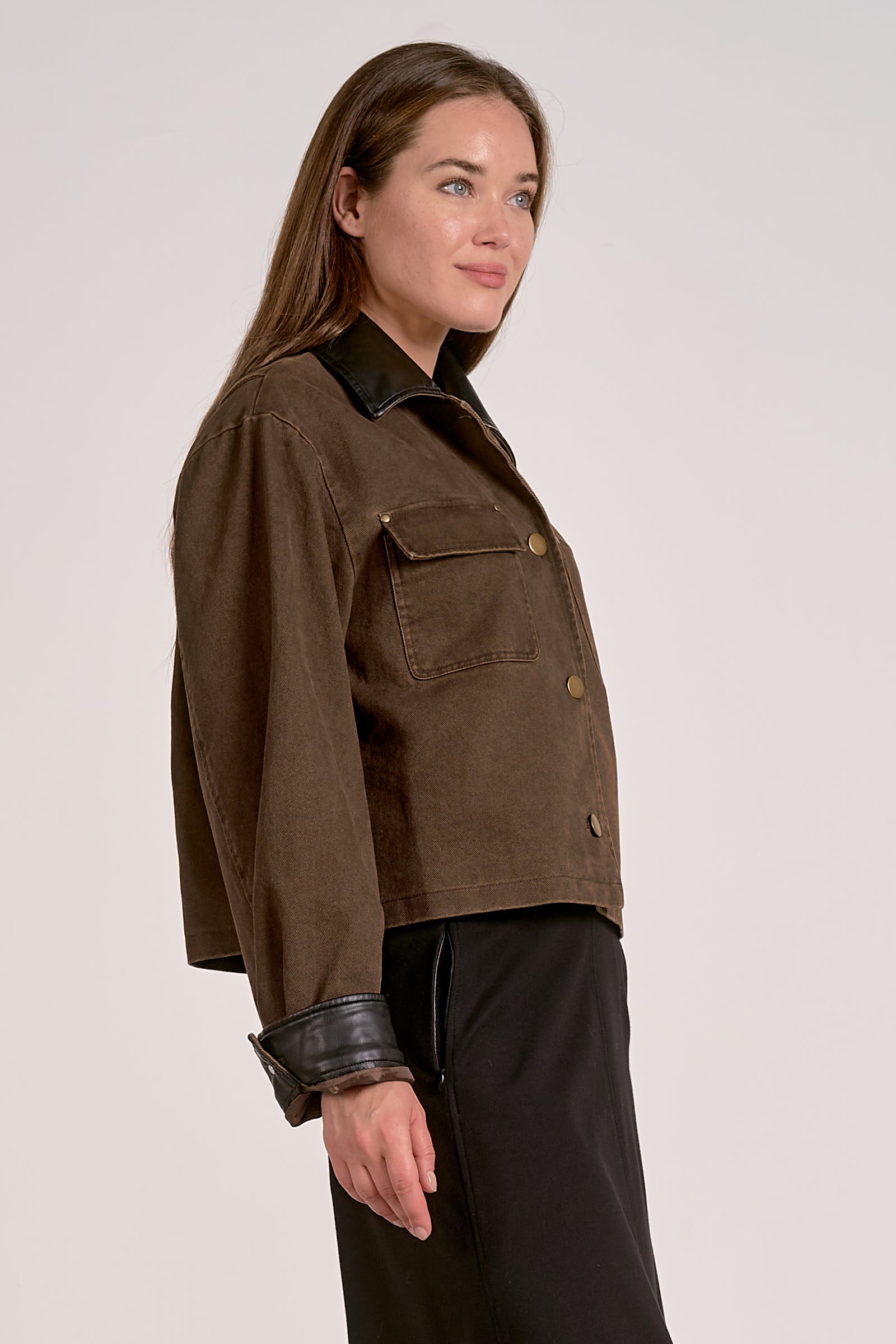 JACKET w/ LEATHER TRIM IN COCOA SIDE VIEW