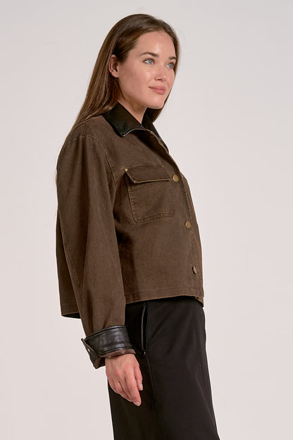 JACKET w/ LEATHER TRIM IN COCOA SIDE VIEW