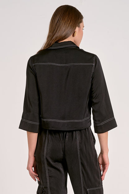 3/4 SLEEVE BUTTON DOWN TOP IN BLACK BACK VIEW