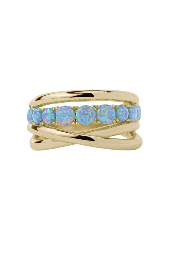 OH SHE FANCY STACKED RING: gold stacked ring with blue opal-style stones