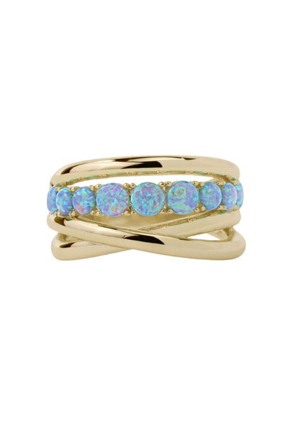 OH SHE FANCY STACKED RING: gold stacked ring with blue opal-style stones