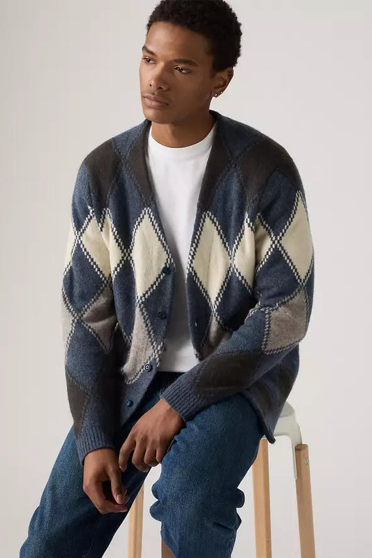 VALENCIA CARDIGAN IN ARGYLE VINTAGE INDIGO FRONT VIEW