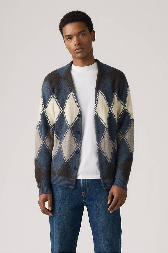 VALENCIA CARDIGAN IN ARGYLE VINTAGE INDIGO FRONT VIEW