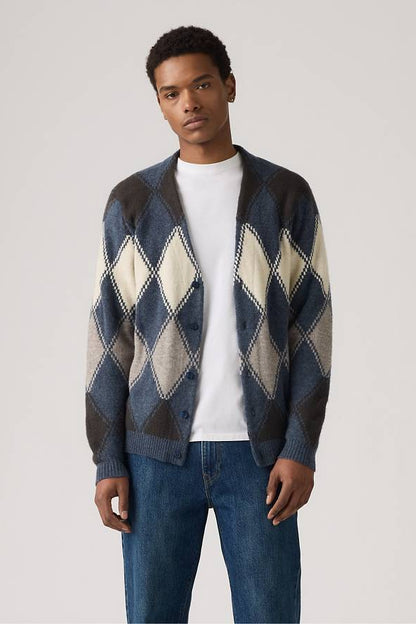 VALENCIA CARDIGAN IN ARGYLE VINTAGE INDIGO FRONT VIEW