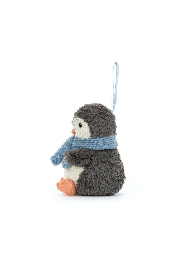 PEANUT PENGUIN ORNAMENT IN BLACK/WHITE/BLUE SIDE VIEW
