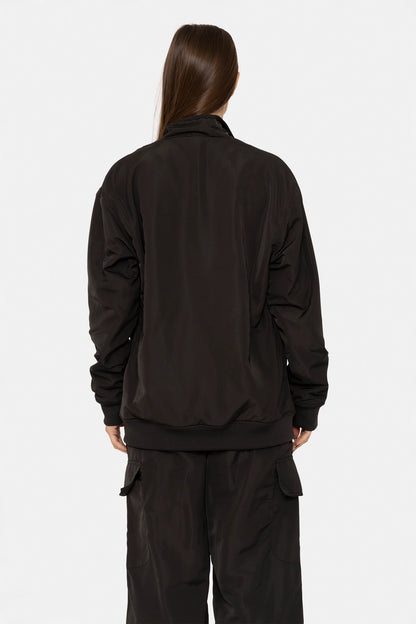Water resistant satin oversized jacket in black back view