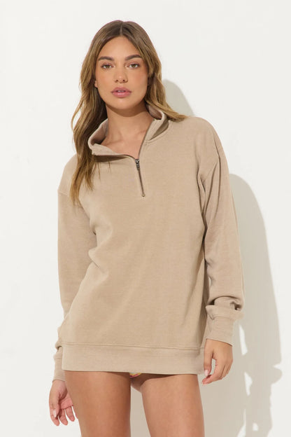 BURNOUT FLEECE QUARTER ZIP IN WARM SAND FRONT VIEW