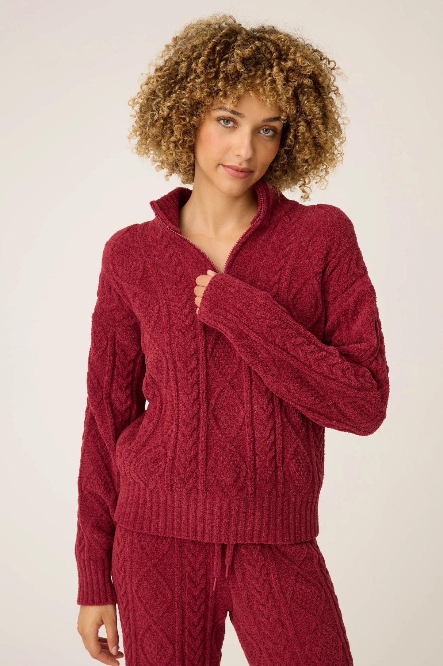 Cozy chenille cable knit long sleeve quarter zip sweater in port front view