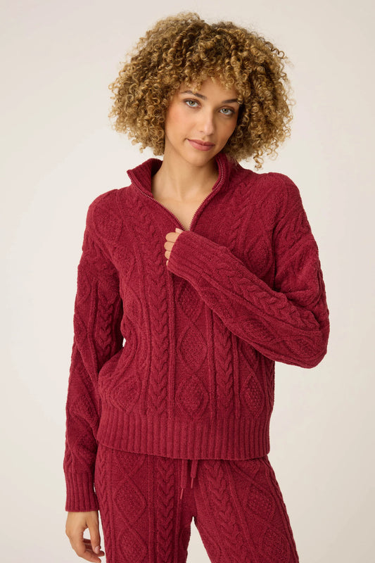Cozy chenille cable knit long sleeve quarter zip sweater in port front view