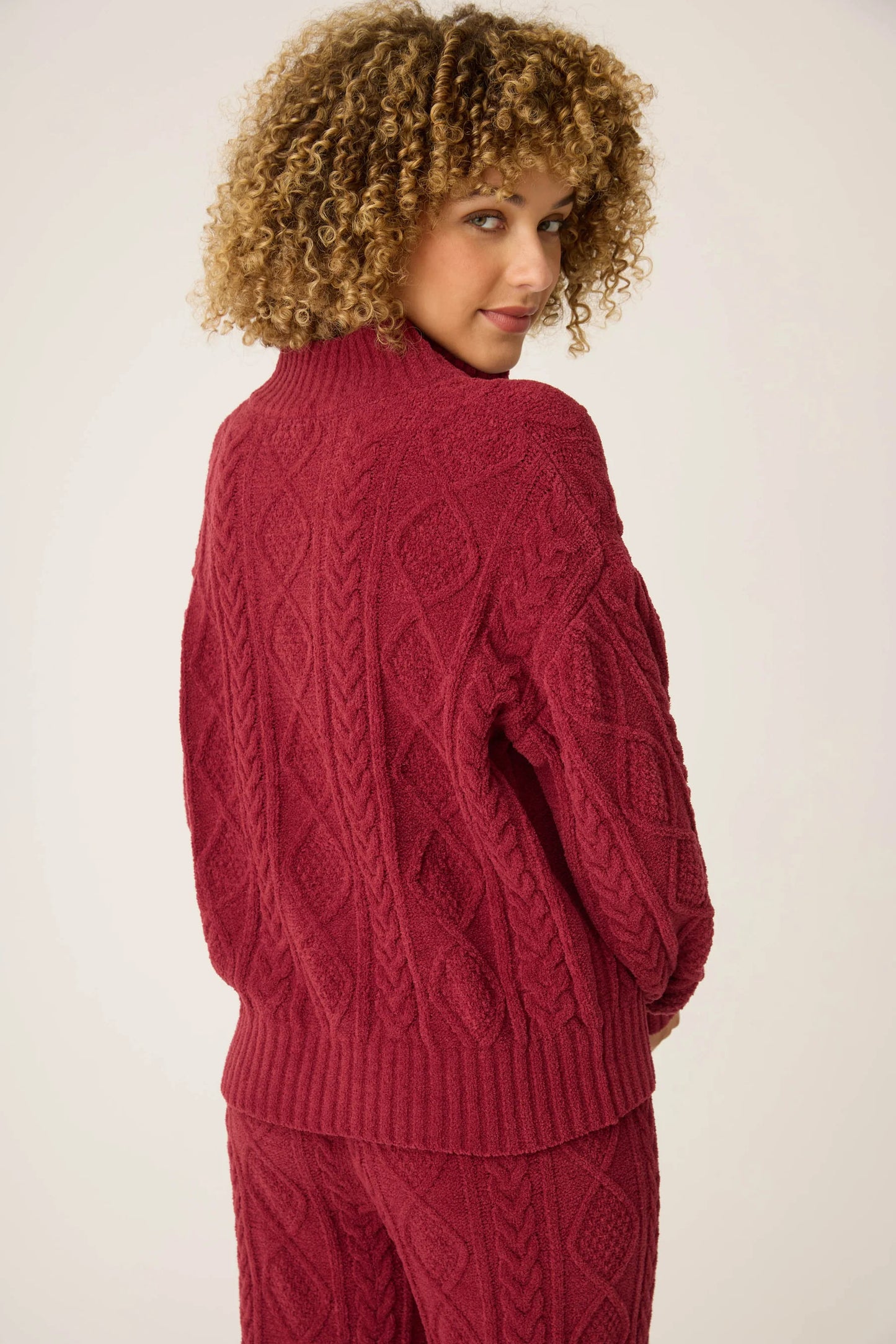 Cozy chenille cable knit long sleeve quarter zip sweater in port back view