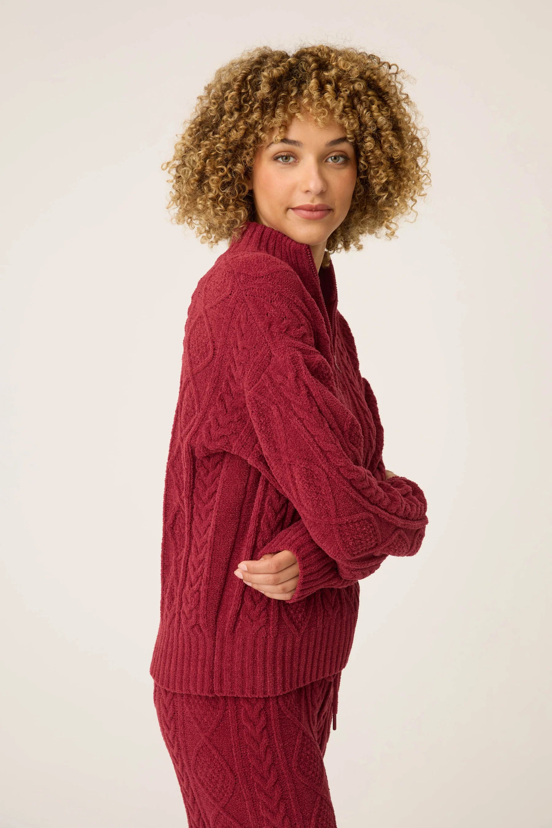 Cozy chenille cable knit long sleeve quarter zip sweater in port side view
