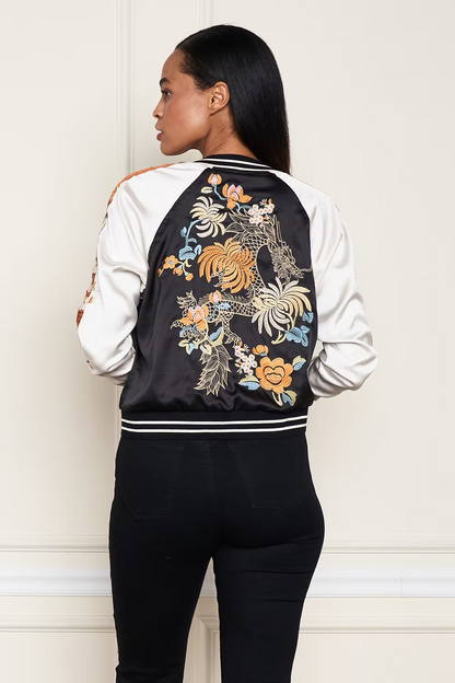 REVERSIBLE PRINT SATIN BBALL JACKET IN BLACK BACK VIEW