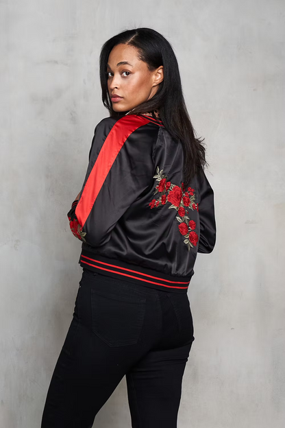 REVERSIBLE SATIN ROSES JACKET IN BLACK COMBO BACK VIEW