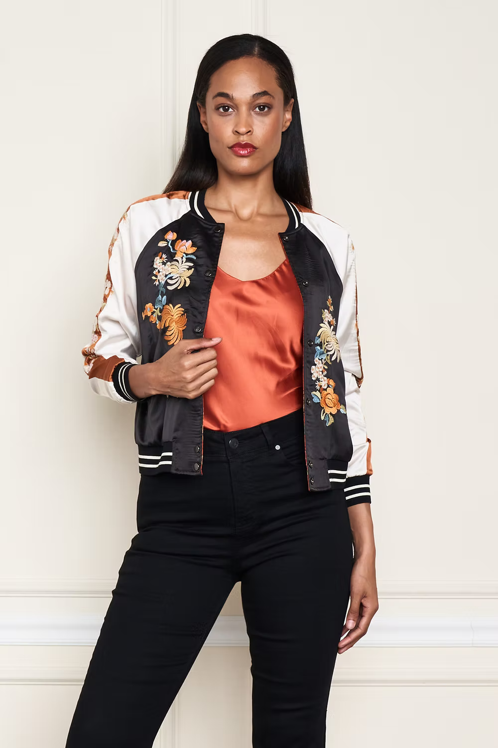 REVERSIBLE PRINT SATIN BBALL JACKET IN BLACK FRONT VIEW